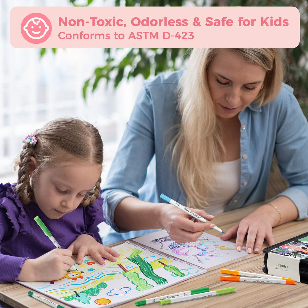 Ohuhu Pupe Paper-friendly (No Peeling) Brush and Fineliner Dual Tips 120 Colors Water-based Coloring Markers