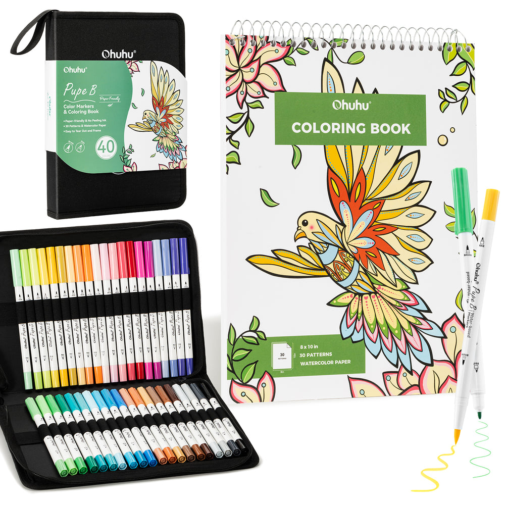 Ohuhu Pupe B 40 Paper-friendly (No Peeling)  Markers＆ Coloring Book Set