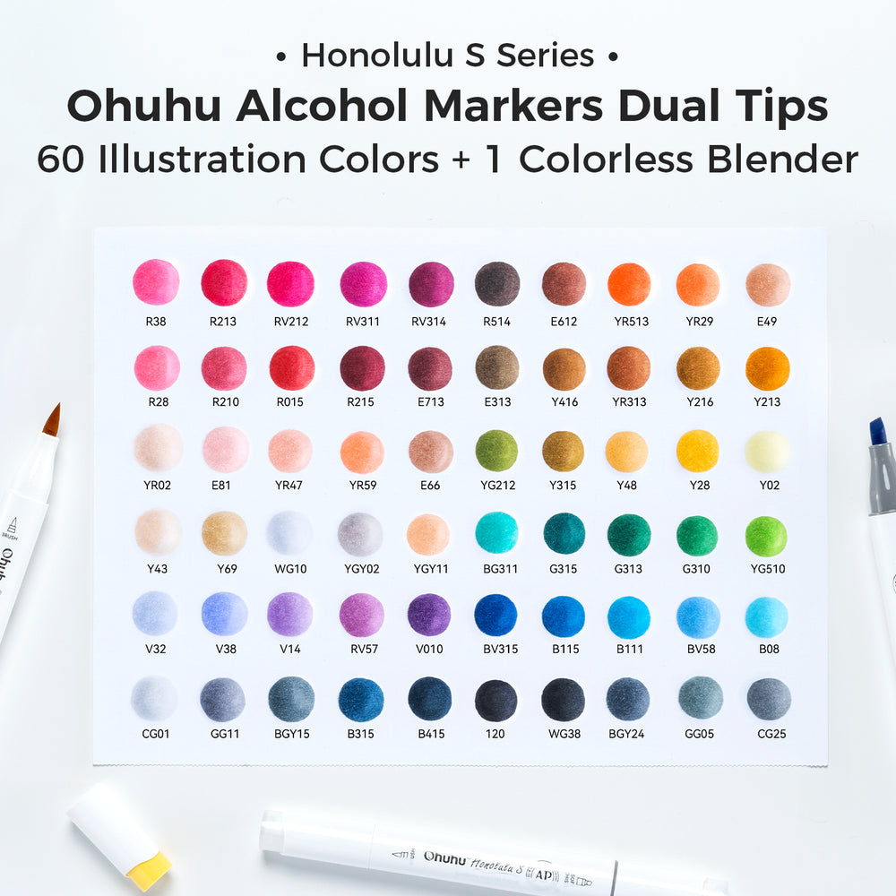 Ohuhu Honolulu S 60 Illustration Tone Colors Dual Soft Tips Alcohol Art Markers, Brush & Soft Chisel