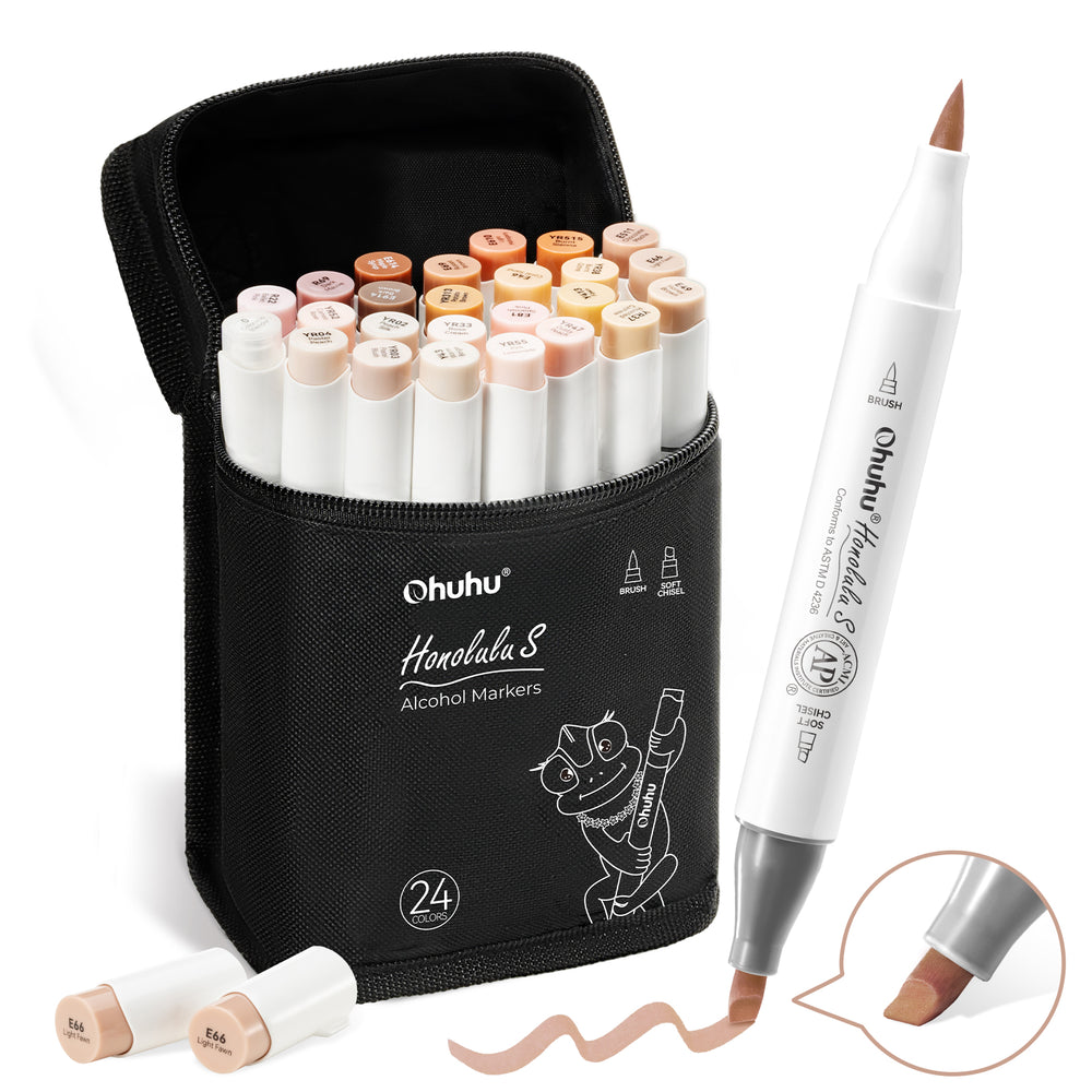 Ohuhu Honolulu S 24 Skin Tone Colors Dual Soft Tips Alcohol Art Markers, Brush & Soft Chisel