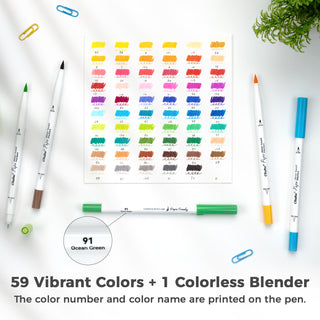 Ohuhu Pupe Paper-friendly (No Peeling) Brush and Fineliner Dual Tips 60 Colors Water-based Coloring Markers