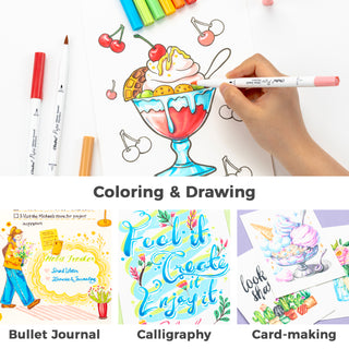 Ohuhu Pupe Paper-friendly (No Peeling) Brush and Fineliner Dual Tips 60 Colors Water-based Coloring Markers